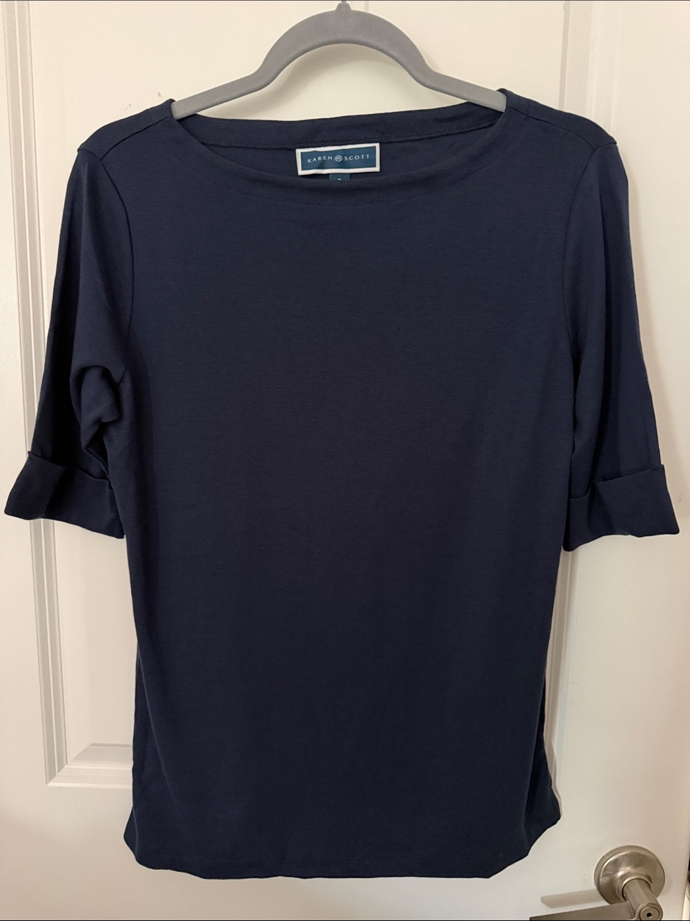 Karen Scott Navy Boatneck Short-Sleeve Tee with Folded Cuffs